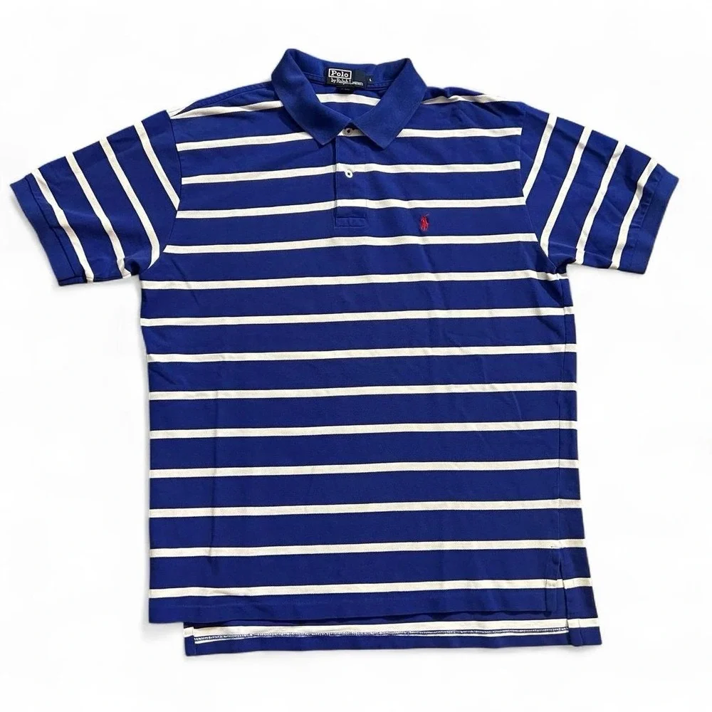 Polo Ralph Lauren Blue Striped Polo Shirt Mens Size Large Y2K Kanye College